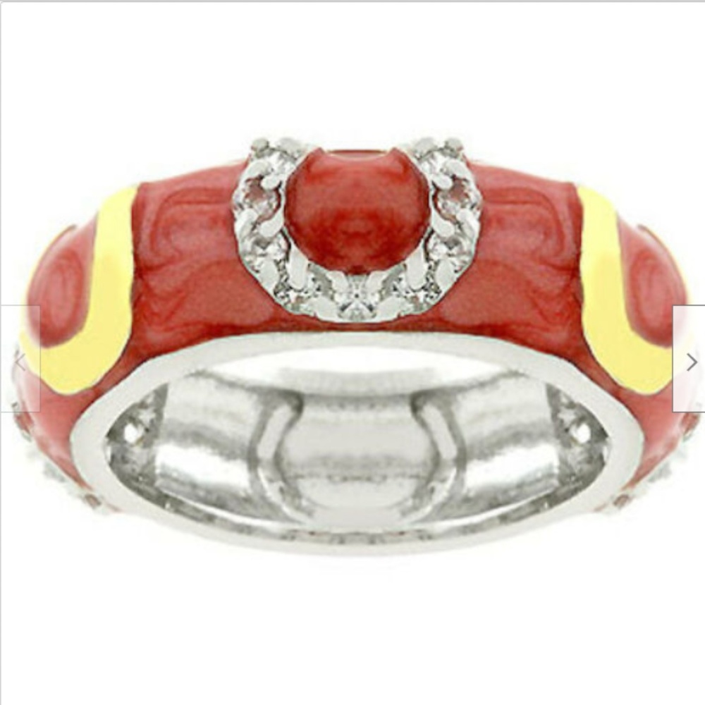 Silver Coral Enamel Eternity Ring Band Size 7 9 10 Rhodium Plated Designer